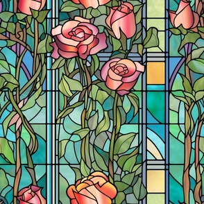 Stained Glass Florals - Watercolor Rose Roses in Pink and Orange