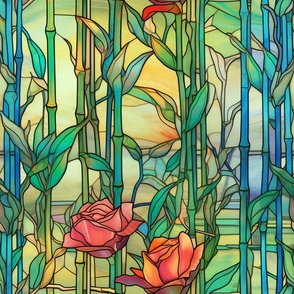 Stained Glass Florals - Watercolor Rose Roses in Pink and Orange