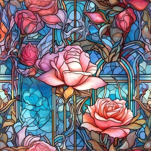 Stained Glass Florals - Watercolor Rose Roses  in Light and Dark Pink Colors