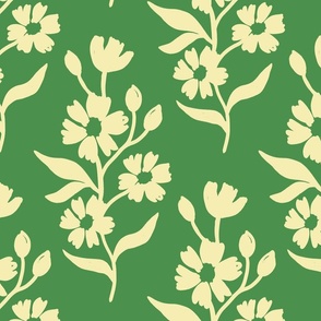 Simple block print style floral with flowers buds and leaves - large - Butter light yellow f4edba on Kelly Green 5c8d53 - damask home decor kopi