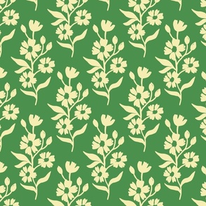 Simple block print style floral with flowers buds and leaves - medium - Butter light yellow f4edba on Kelly Green 5c8d53 - damask home decor