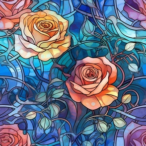 Stained Glass Florals - Watercolor Rose Roses  in Yellow, Peach, and Lavender Colors