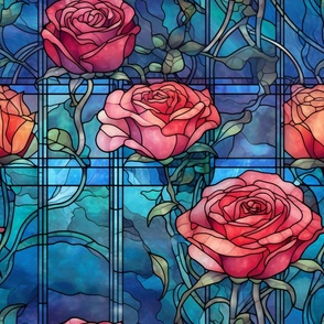 Stained Glass Florals - Watercolor Rose Roses  in Pink Colors with a Stunning Blue Background