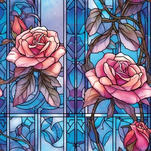 Stained Glass Florals - Watercolor Rose Roses  in Light Pink Colors with a Blue and Lavender Background