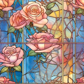 Stained Glass Florals - Watercolor Rose Roses  in Light Bright Peach Colors
