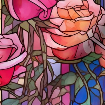 Stained Glass Florals - Watercolor Rose Roses  in Pink and Orange Colors with a Bright Rainbow Background