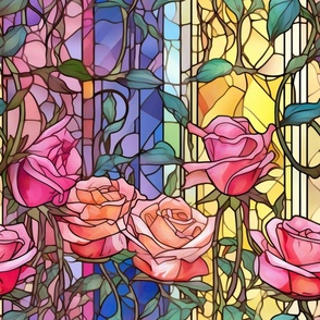 Stained Glass Florals - Watercolor Rose Roses  in Pink and Orange Colors with a Bright Rainbow Background