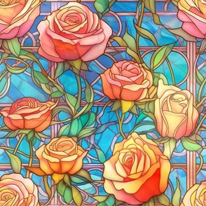 Stained Glass Florals - Watercolor Rose Roses  in Illuminated Pink and Orange Colors with a Blue Background