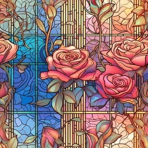 Stained Glass Florals - Watercolor Rose Roses  in Light Pink and Peach Colors