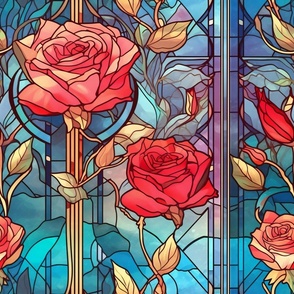 Stained Glass Florals - Watercolor Rose Roses  in Red Colors with Teal Background