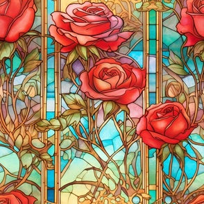 Stained Glass Florals - Watercolor Rose Roses  in Red Colors with Aqua Background