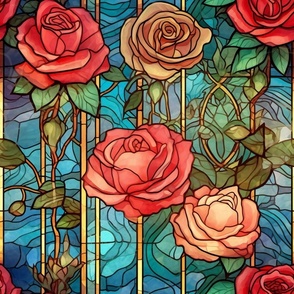 Stained Glass Florals - Watercolor Rose Roses  in Peach and Pink Colors with Blue Background