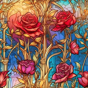 Stained Glass Florals - Watercolor Rose Roses  in Deep Red Colors with Rainbow Background