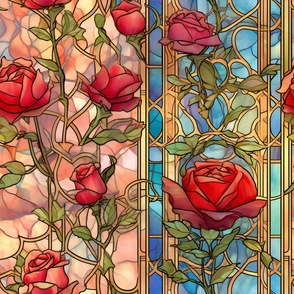 Stained Glass Florals - Watercolor Rose Roses  in Deep Red Colors