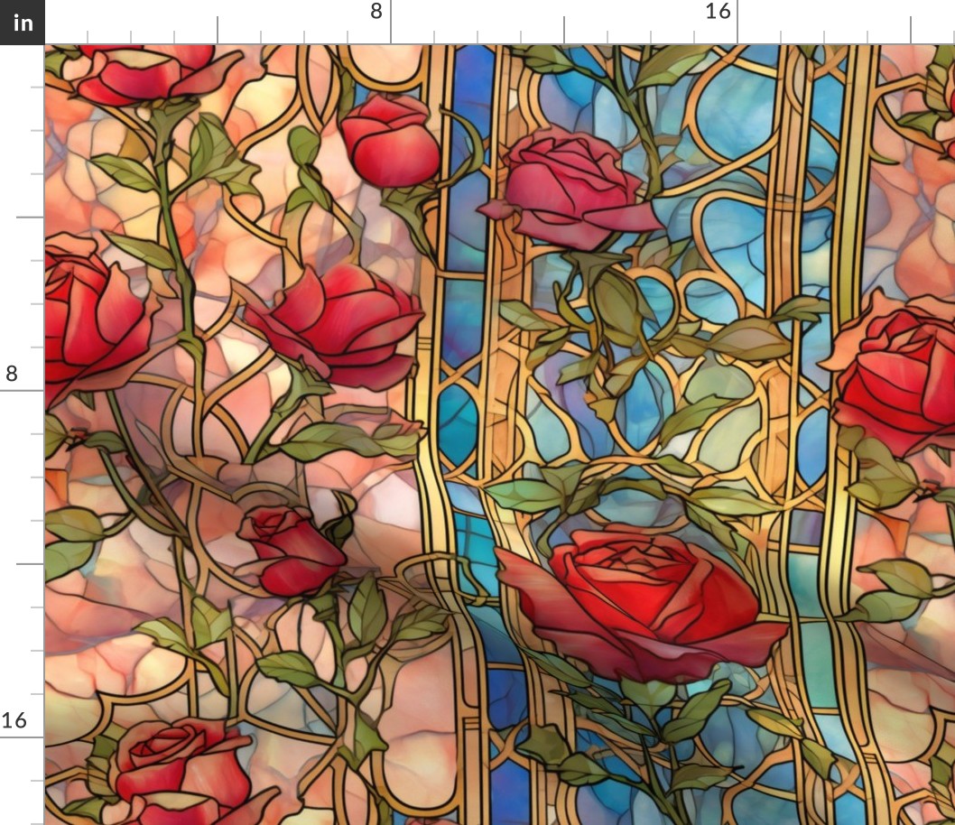 Stained Glass Florals - Watercolor Rose Roses  in Deep Red Colors
