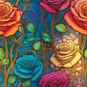 Stained Glass Florals - Watercolor Rose Roses  in Vibrant Rainbow Colors