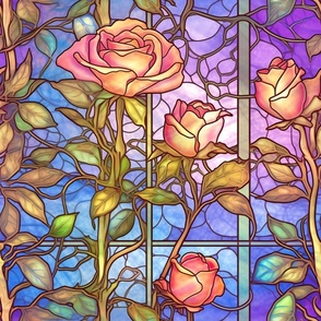 Stained Glass Florals - Watercolor Rose Roses  in Pink with Blue and Purple Background