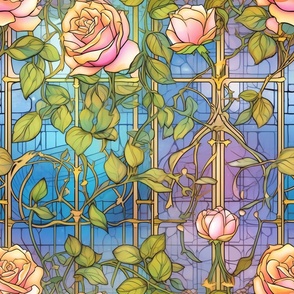 Stained Glass Florals - Watercolor Rose Roses  in Pink with Blue Background