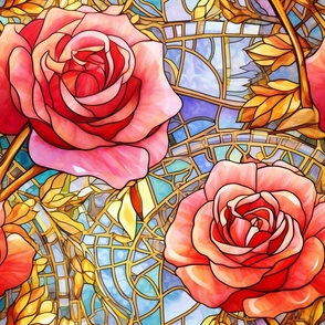 Stained Glass Florals - Watercolor Rose Roses  in Pink and Peach