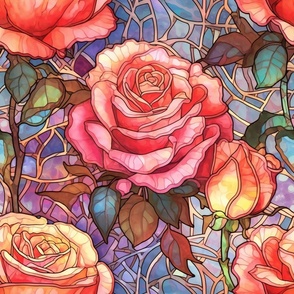 Stained Glass Florals - Watercolor Rose Roses  in Pink and Yellow