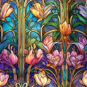 Stained Glass Florals - Watercolor Tulip Tulips in Pink, Yellow, and Lavender Colors