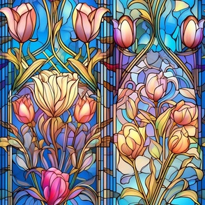Stained Glass Florals - Watercolor Tulip Tulips in Pink, Yellow, Peach, and Lavender Colors