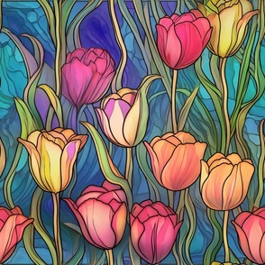 Stained Glass Florals - Watercolor Tulip Tulips in Pink, Yellow, Red, and Lavender Colors