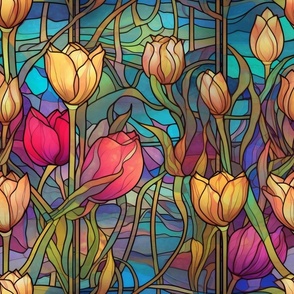 Stained Glass Florals - Watercolor Tulip Tulips in Vibrant Red and Yellow Colors