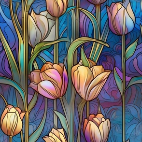 Stained Glass Florals - Watercolor Tulip Tulips in Pastel Lavender, Pink, and Blue Colors