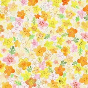 Watercolor Boho Buttercups - Yellow, Orange and Pink - Medium Scale