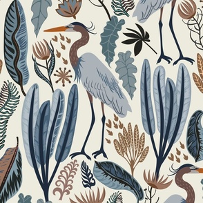 Heron and plants - blue cream