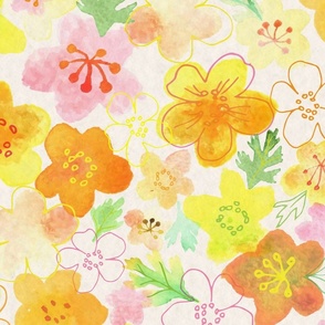 Watercolor Boho Buttercups - yellow, orange and pink - large scale