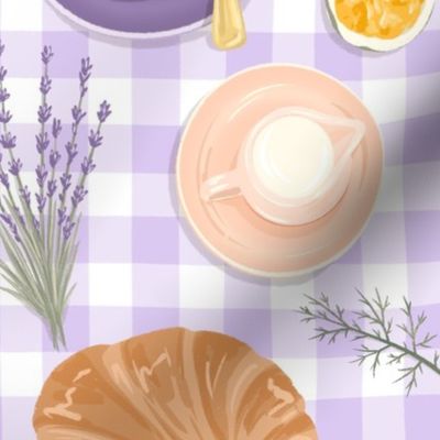 French breakfast - Coffee and croissants, berries and lavander decor