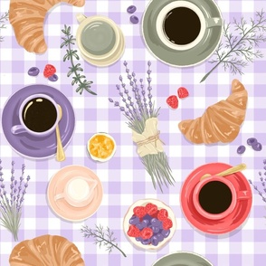 French breakfast - Coffee and croissants, berries and lavander decor