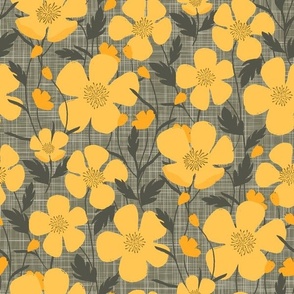 Yellow Buttercup Flowers {on Artichoke Green Textured Linen} Boho Floral 12x12