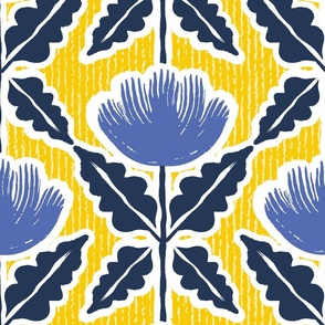 Sunny Floral Buttercups - Blue and Navy on Yellow Stripe - Jumbo