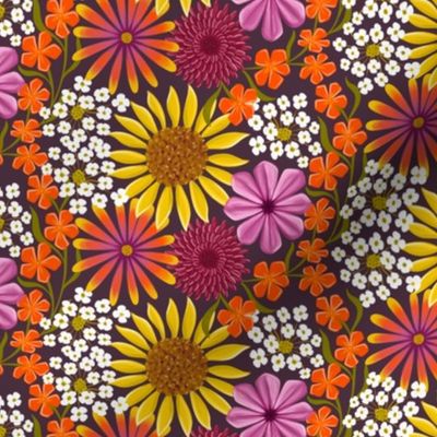 Plum Purple Fall Floral  with Sunflowers and Fuschia Pink Daisies