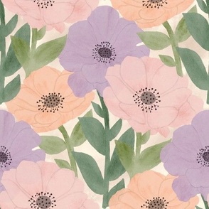 Hand-Drawn Anemone Flower Print with Subtle Painterly Strokes and Texture in Lilac, Peach and Blush Pink Colors_Large