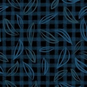 Bright Blue and Dark Blue Leaves on Gingham Plaid