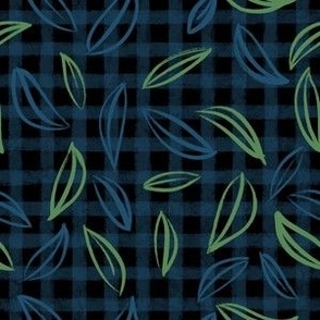 Blue Green Leaves on Blue Gingham Textured Plaid