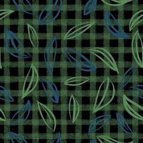 Green Blue Leaves on Green Black Gingham Textured Plaid