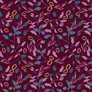 Stylized Leaves and flowers plum color