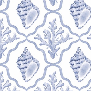 Large // Sea Shell and Coral Blue on White Background // Under the Sea Theme 