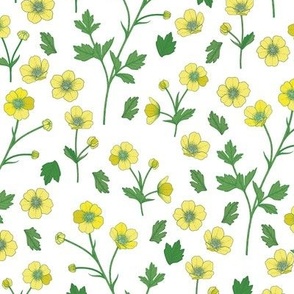 Simply Buttercup // Small Scale // Sunny Flowers // Blooming // Boho Style // Sage Floral White background //