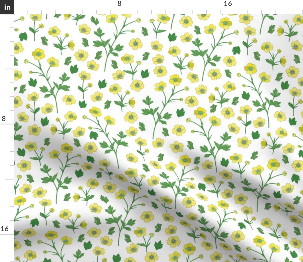 Simply Buttercup // Small Scale // Sunny Flowers // Blooming // Boho Style // Sage Floral White background //
