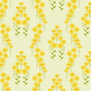 hand drawn colorful bright yellow buttercups in an ogee pattern on pale green linen