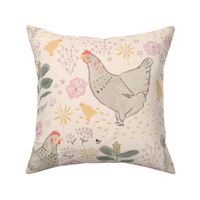 French country garden with chickens and flowers in soft colors (large)