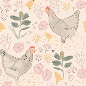 French country garden with chickens and flowers in soft colors (large)