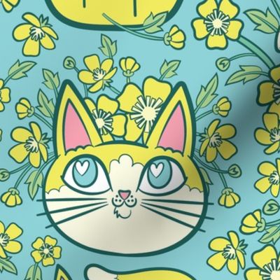 Buttercups and Cats in Sky Blue