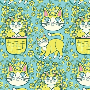 Buttercups and Cats in Sky Blue